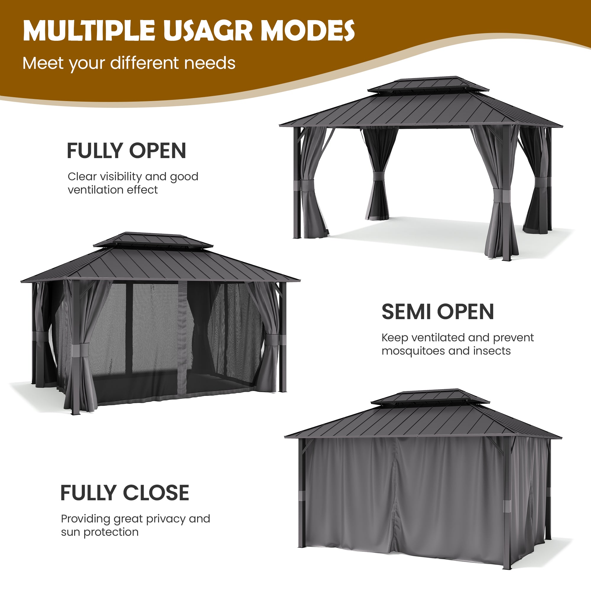 UDPATIO 12'x16' Permanent Hardtop Gazebo with Galvanized Steel Double Roof for Patio Backyard Garden, Curtains and Netting Included, Grey