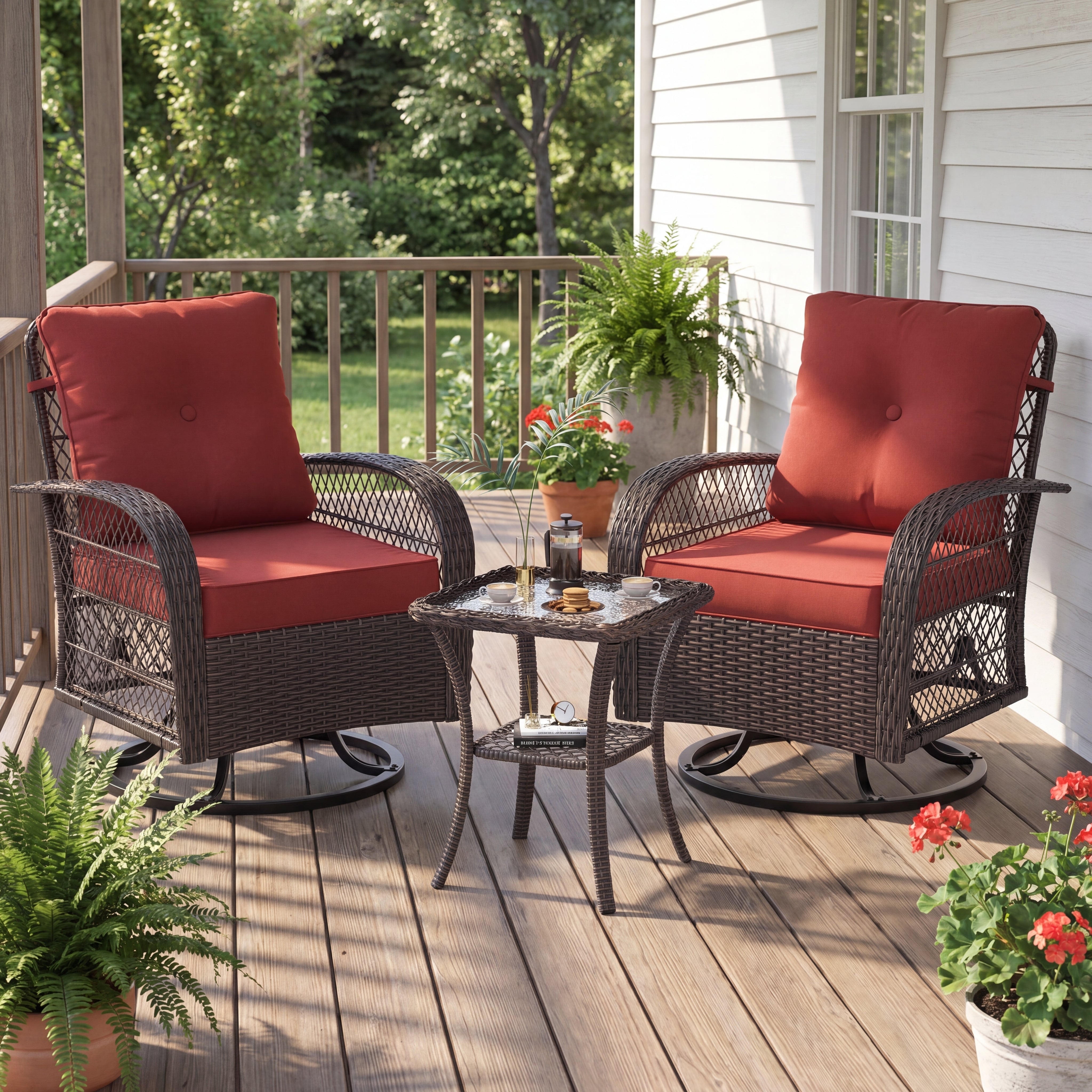 UDPATIO 3 Pieces Patio Furniture Set, Outdoor Swivel Rocker Patio Chairs Set of 2, Wicker Glider Chairs with Thick Cushions and Glass Coffee Table，for Porch Deck Backyard (Red)
