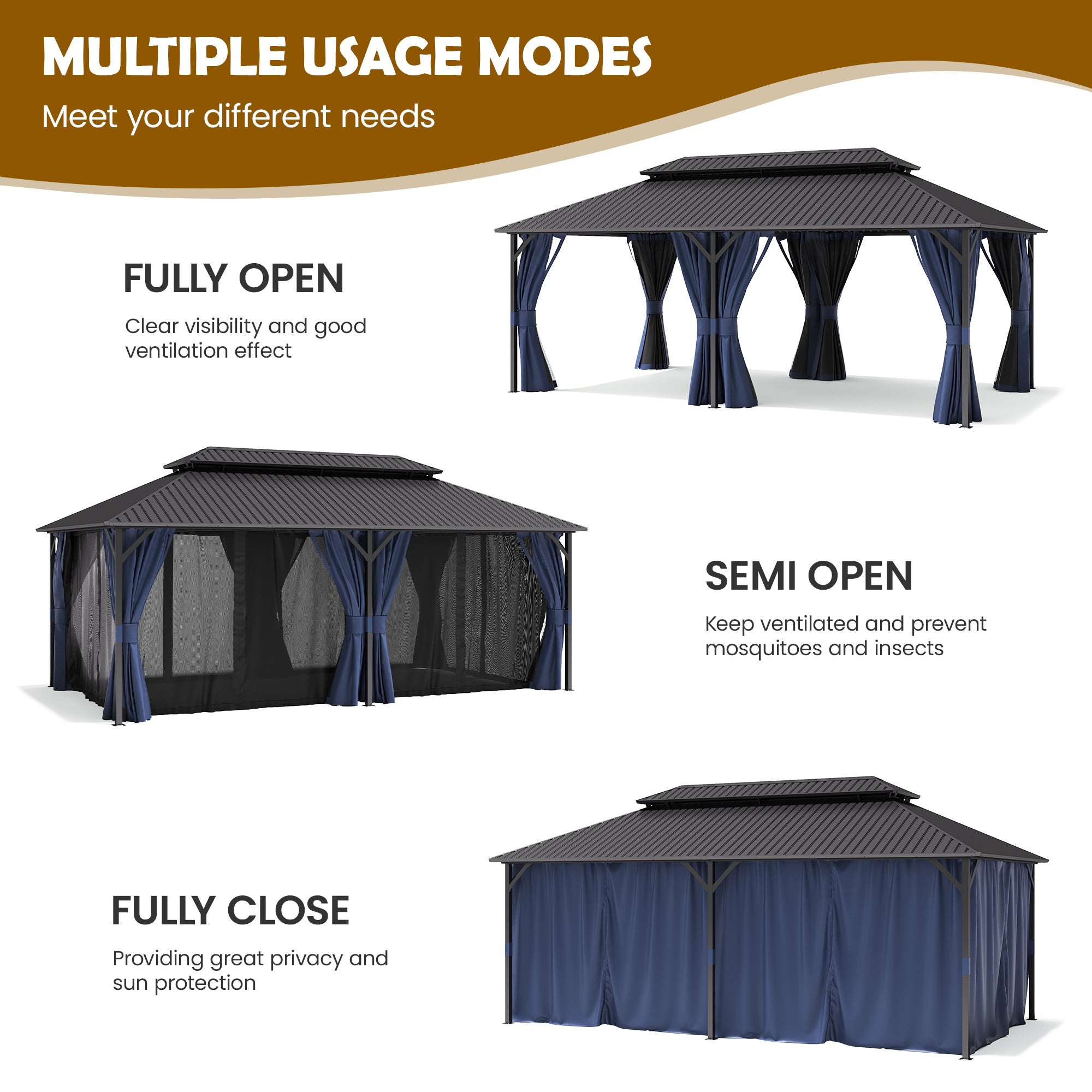 UDPATIO 12'x20' Hardtop Gazebo, Permanent Pavilion for Lawn, Navy Blue