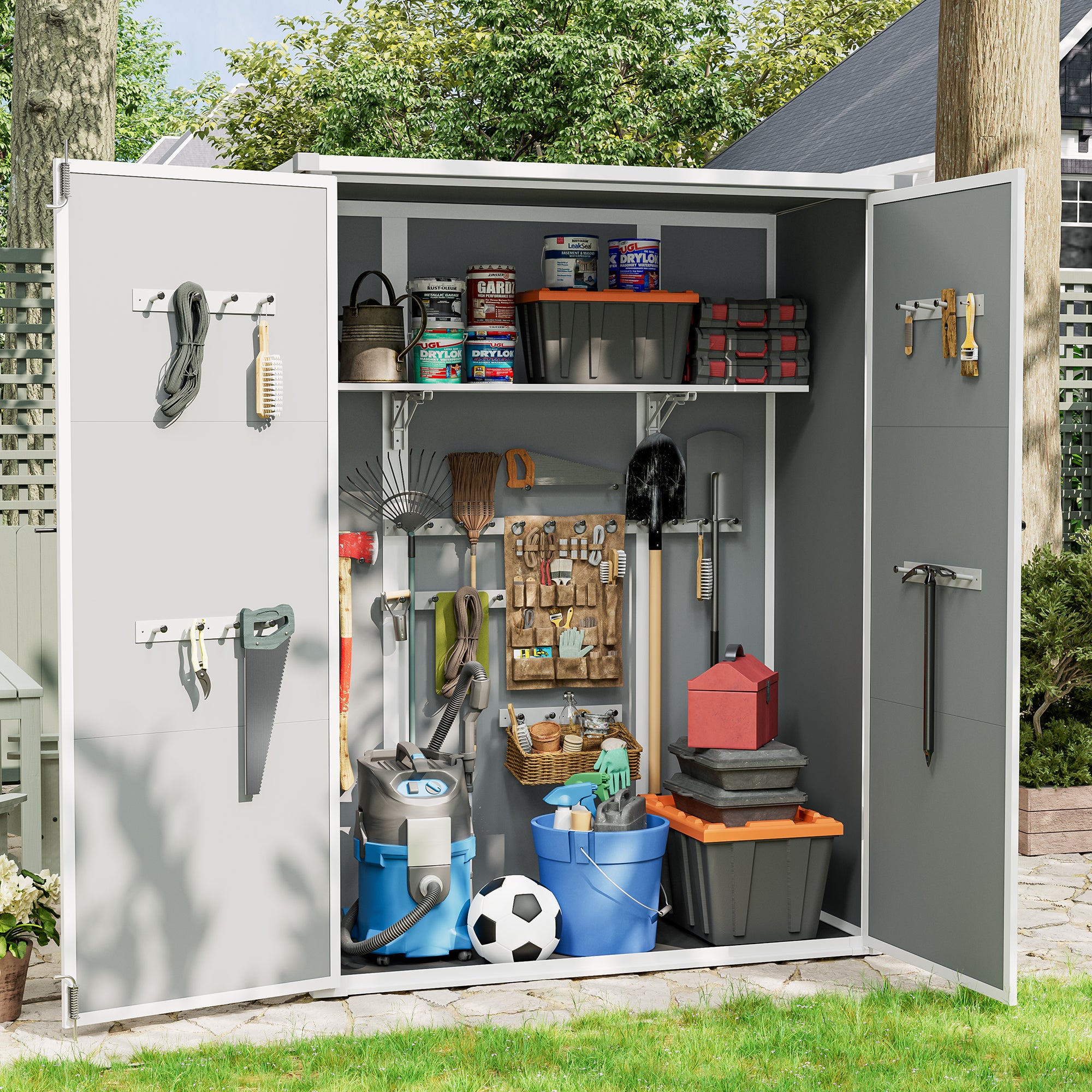 UDPATIO 38 Cu.ft Resin Outdoor Storage Shed with Floor, Vertical Plastic Tool Shed with Shelving Brackets for Backyard Pool Lawn Garden, Grey