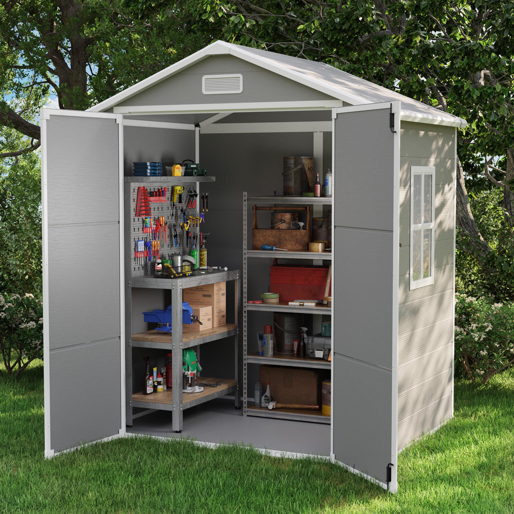UDPATIO Outdoor Resin Storage Shed 6x4 FT, Plastic Garden Shed for Bike, Garbage Can, Tool, Outside Sheds with Lockable Door for Backyard, Patio, Lawn, Grey & White