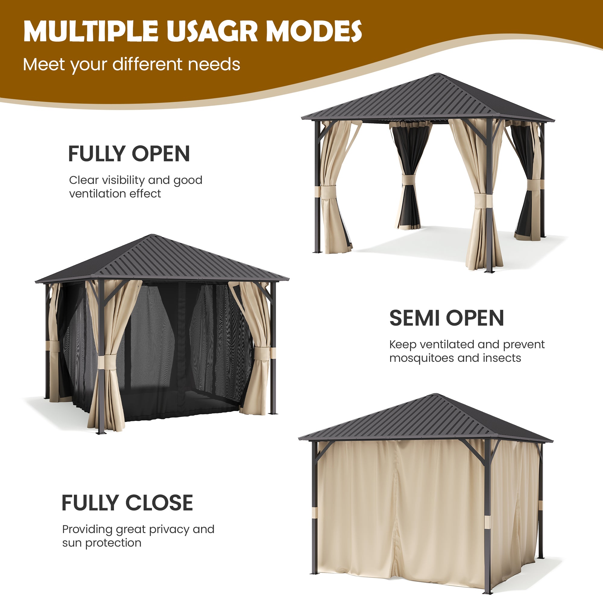 UDPATIO 10'x10' Hardtop Gazebo, Outdoor Gazebo with Galvanized Steel Roof, Weather-Resistant Patio Gazebo for Deck, Backyard, Garden, Beige