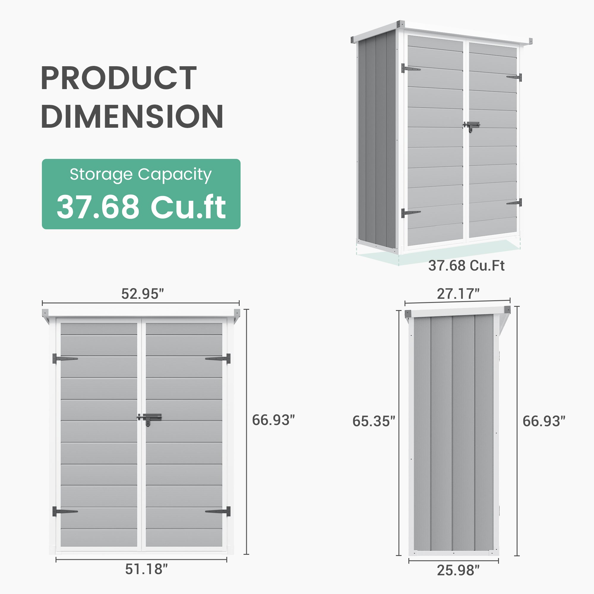 UDPATIO 38 Cu.ft Resin Outdoor Storage Shed, 4.3 ft x 5.6 ft Vertical Storage Shed Waterproof Resin Cabinet for Garden, Backyard, Lawn, Grey