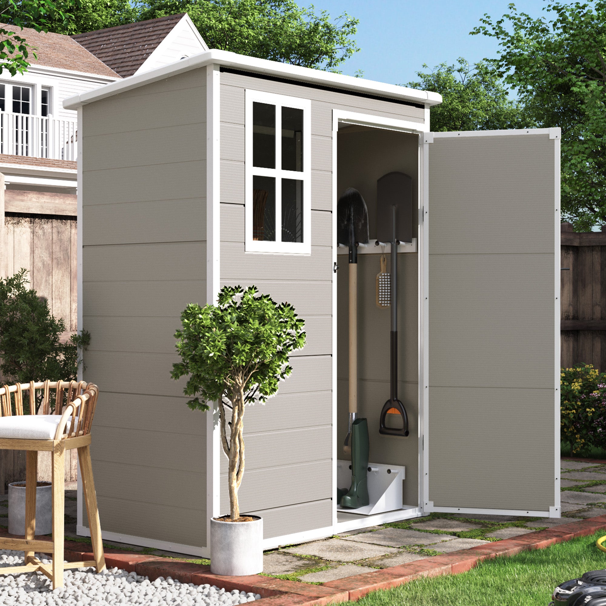 UDPATIO Outdoor Storage Shed 5x3 FT, Garden Plastic Sheds & Outdoor Resin Shed with Lockable Door for Backyard, Patio, Lawn, Light Brown