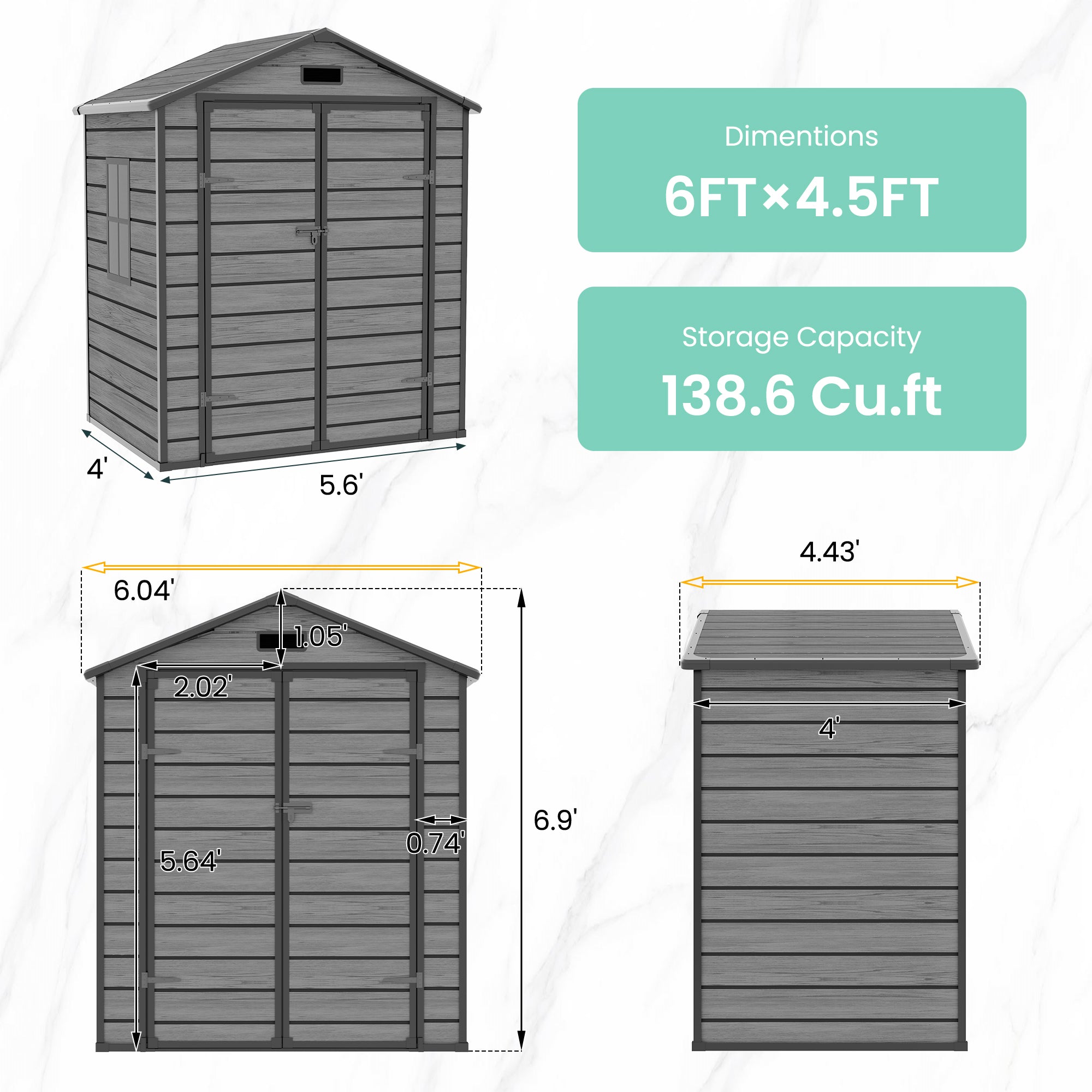 UDPATIO Outdoor Storage Shed 6x4.5 FT, Garden Resin Shed for Bike, Garbage Can, Tools, Outside Plastic Sheds with Floor for Backyard, Patio, Lawn, Dark Grey