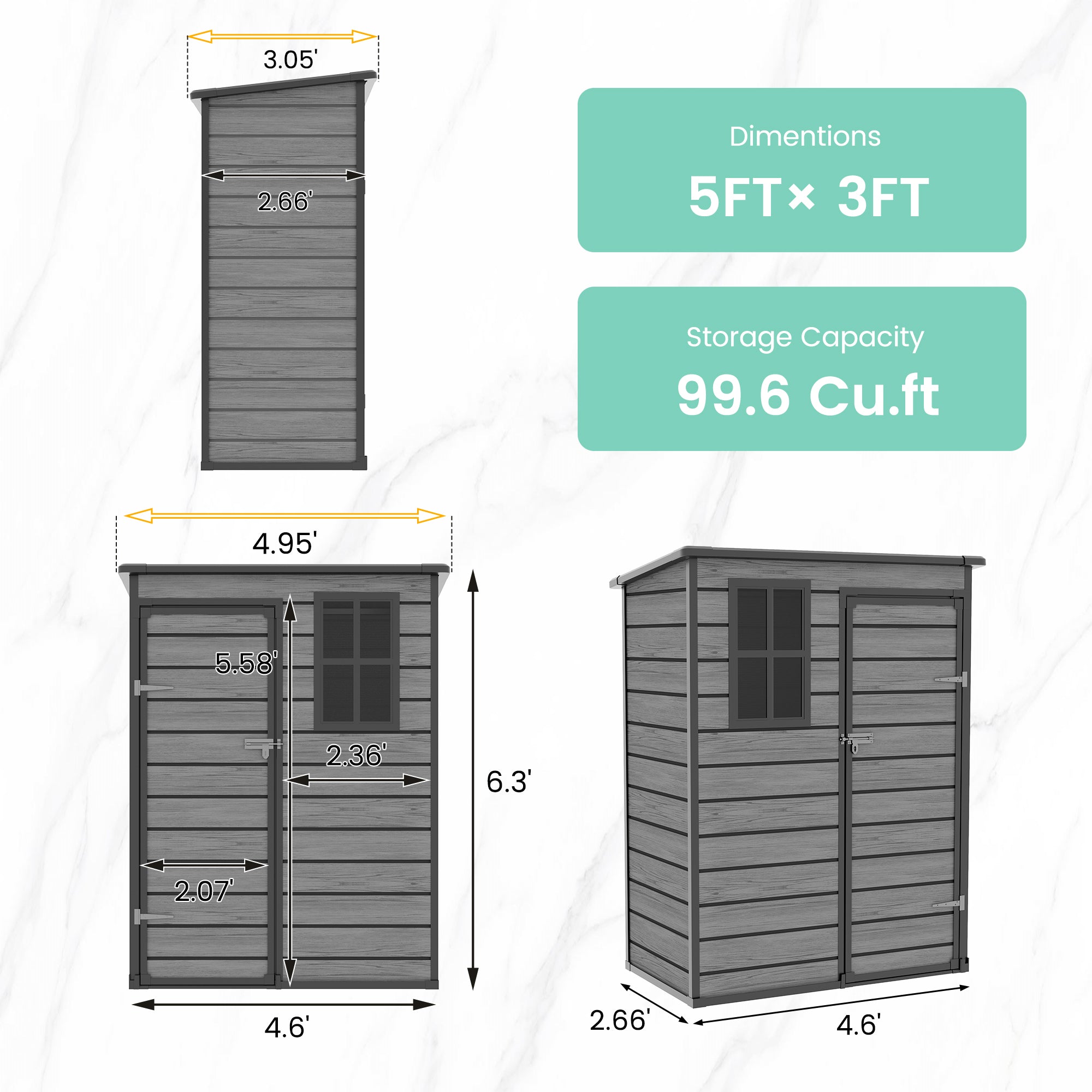 UDPATIO Outdoor Storage Shed 5x3 FT, Resin Garden Shed with Floor,Dark Grey
