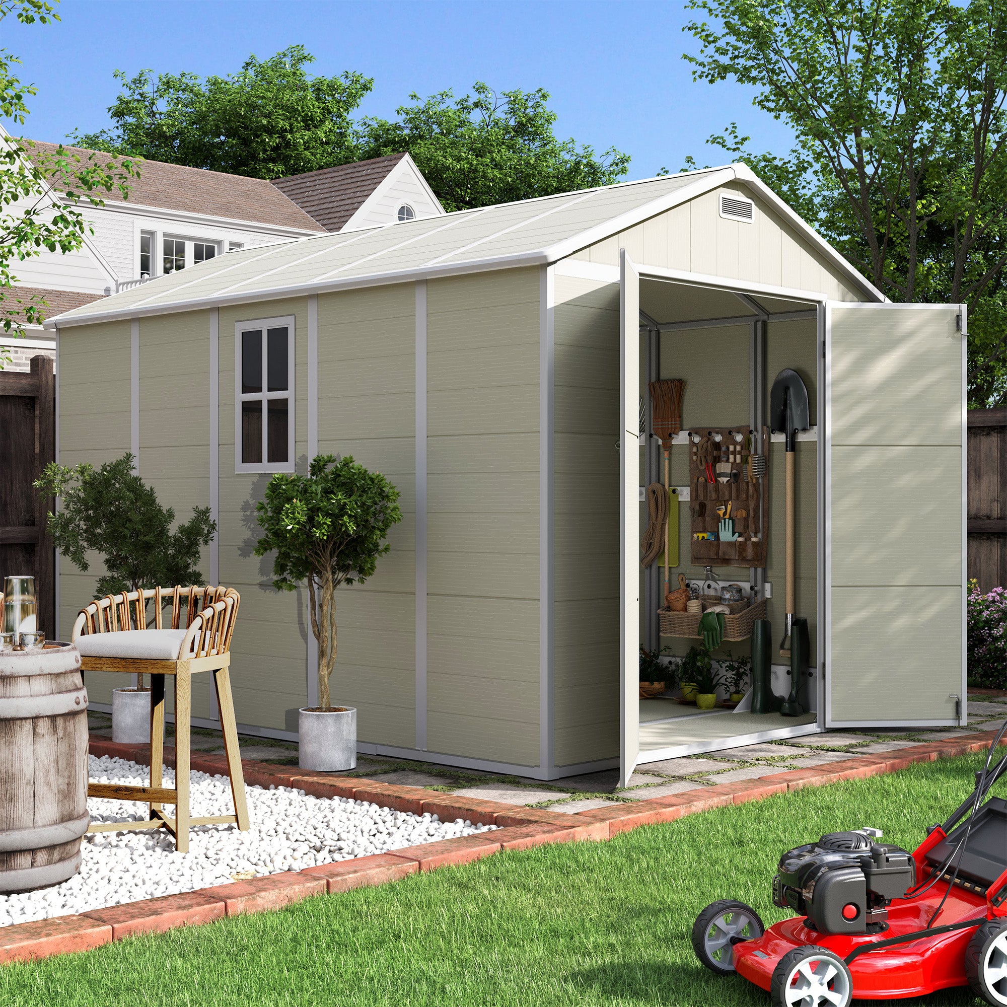 UDPATIO Resin Storage Shed 7.5x10.7 FT, Outdor Plastic Shed for Garden Tools Pool Equipment, Outside Sheds with Lockable Door for Backyard, Patio, Lawn, Sandstone