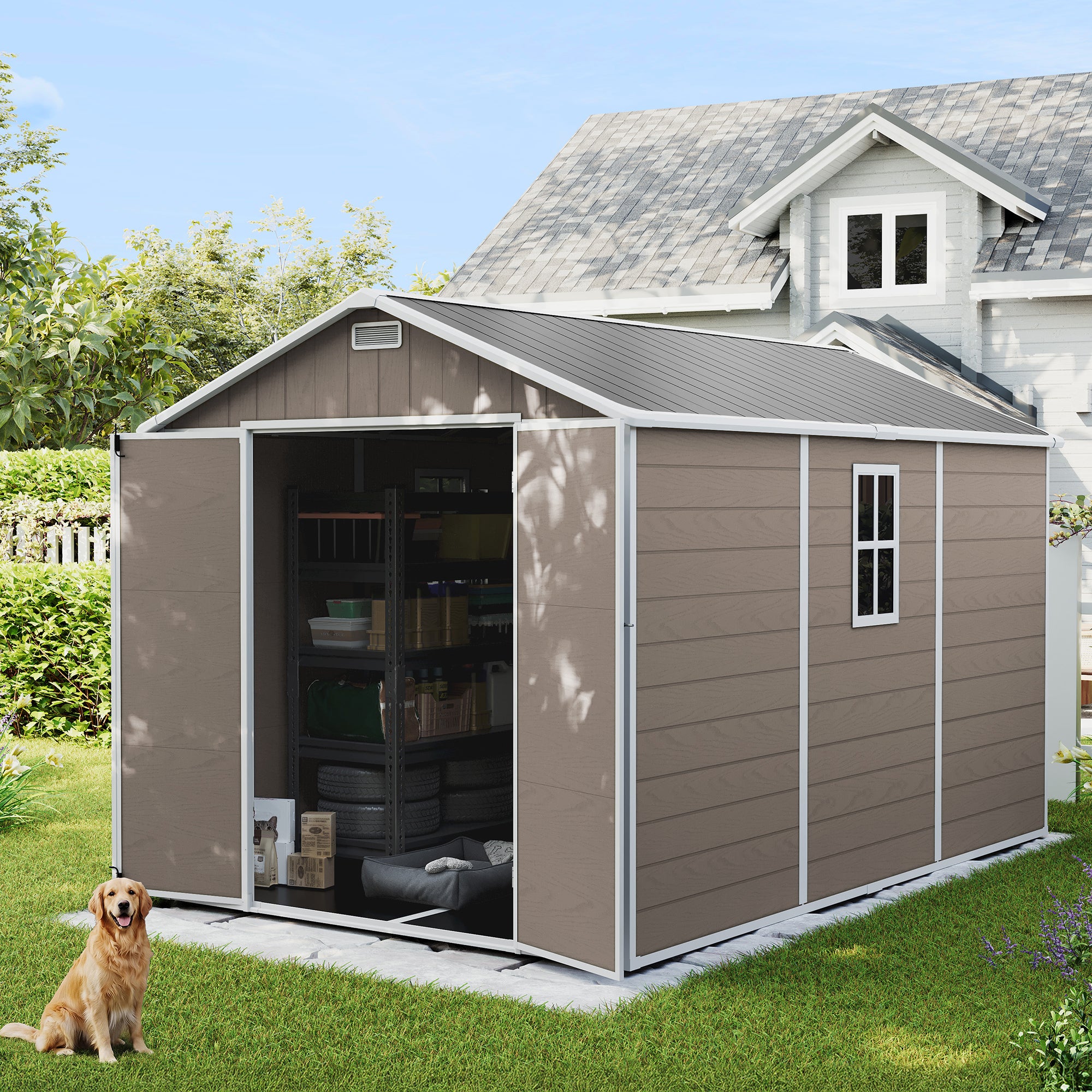 UDPATIO Resin Storage Shed 7.5x10 FT, Outdor Plastic Shed for Garden Tools Pool Equipment, Outside Sheds with Lockable Door for Backyard, Patio, Lawn, Brown