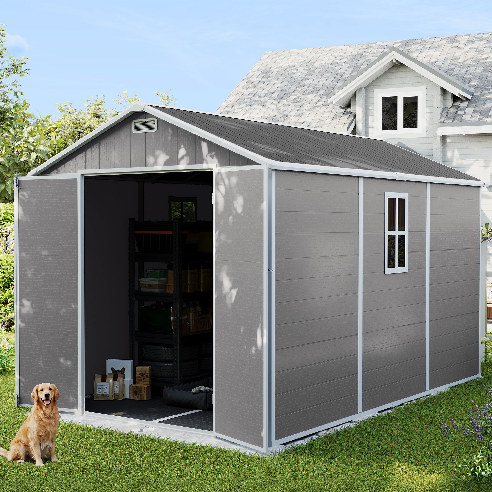 UDPATIO Resin Storage Shed 7.5x12 FT, Outdor Plastic Shed for Garden Tools Pool Equipment, Outside Sheds with Lockable Door for Backyard, Patio, Lawn, Grey & White