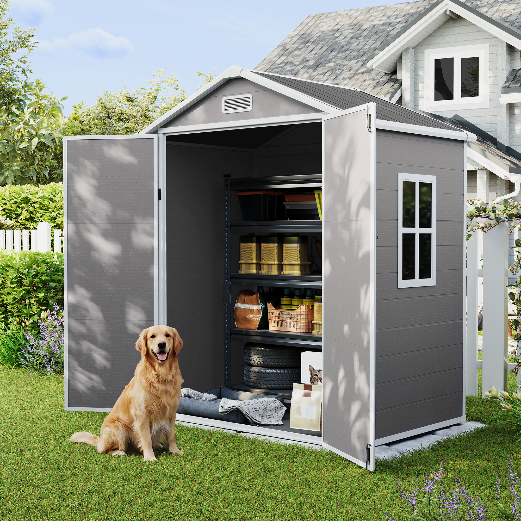 UDPATIO Outdoor Storage Shed 6x4 FT, Garden Resin Shed for Bike, Garbage Can, Tools, Outside Plastic Sheds with Floor for Backyard, Patio, Lawn, Grey & White