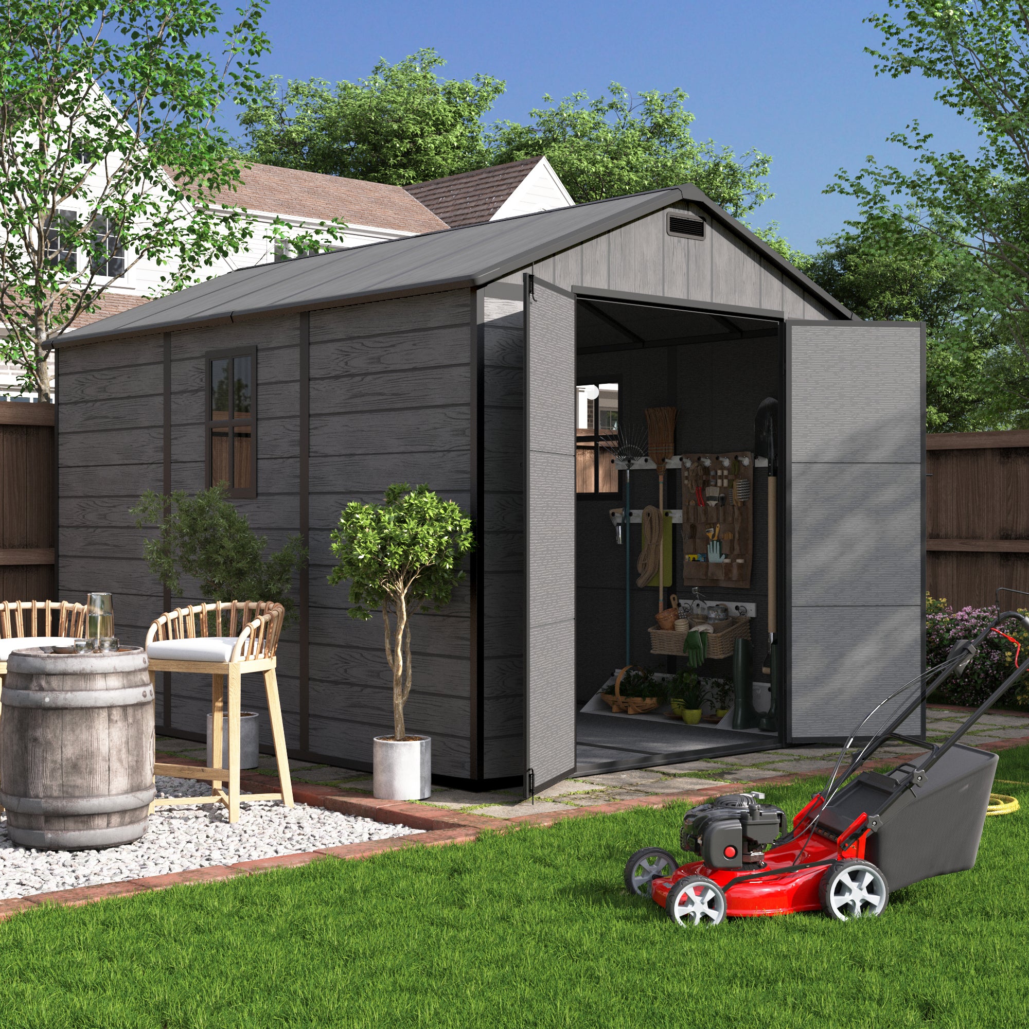 UDPATIO Outdoor Shed 7.5x10.7 FT, Plastic Storage Shed for Bike, Garbage Can, Tool, Outside Sheds & Resin Shed with Lockable Door for Backyard, Patio, Lawn, Dark Grey