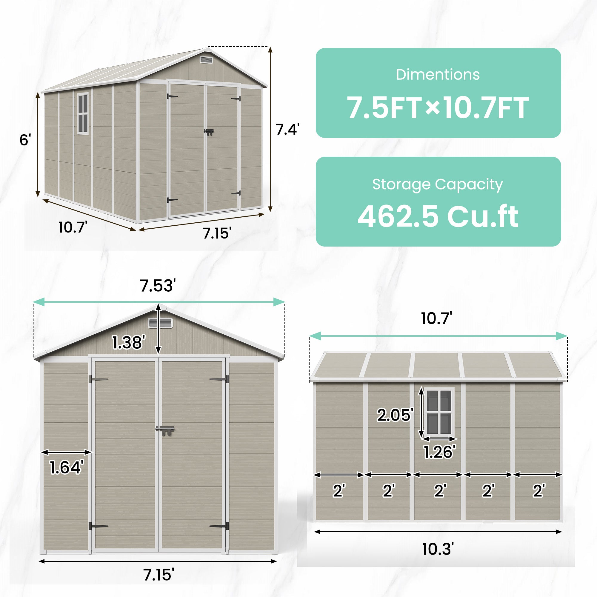 UDPATIO Outdoor Storage Shed 7.5x10.7 FT, Plastic Sheds & Resin Outside Storage for Trash Can, Bike, Lawnmower, Generator, Tool Shed with Lockable Door for Backyard, Lawn, Patio, Sandstone