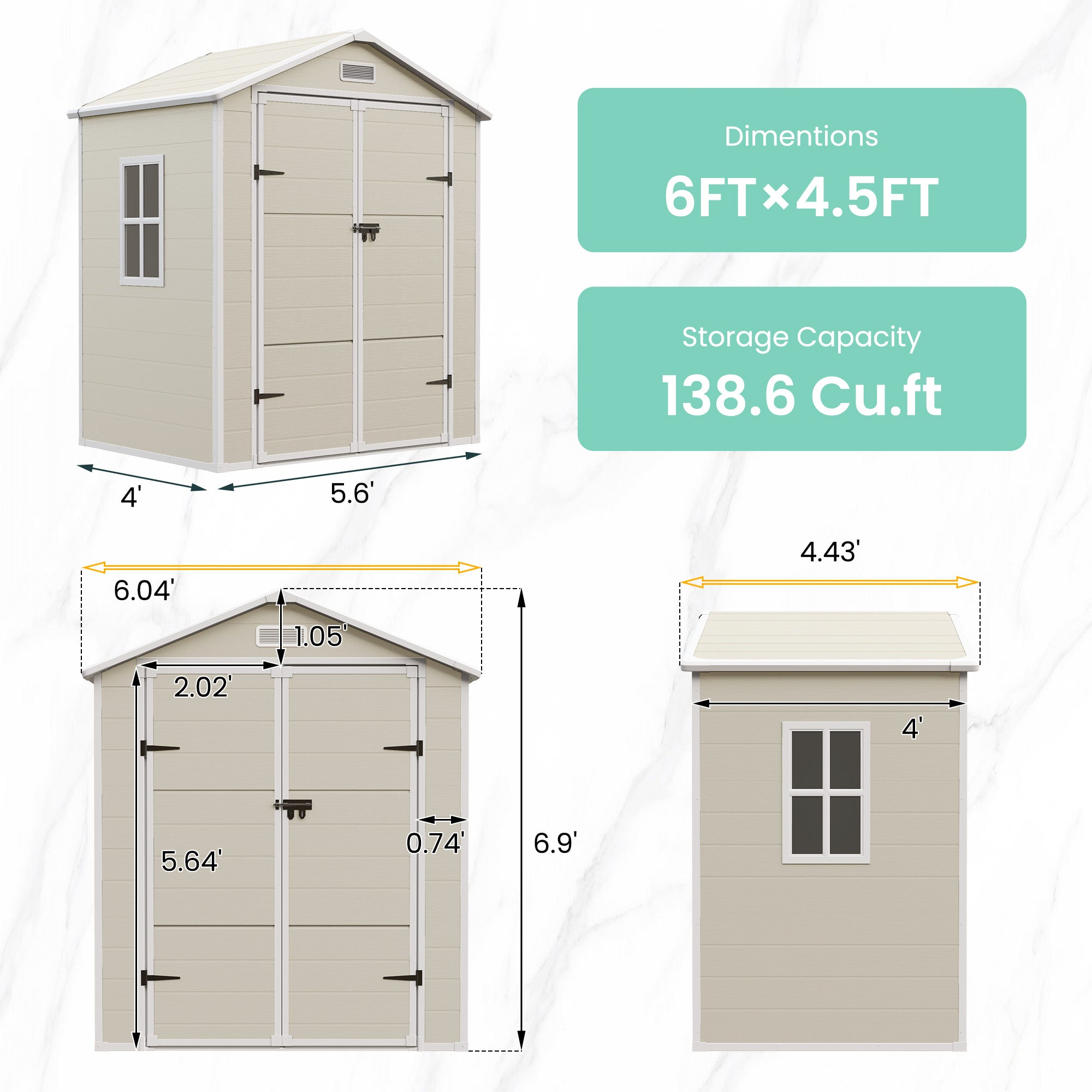 UDPATIO Outdoor Resin Storage Shed 6x4.5FT Weatherproof with Floor, Beige