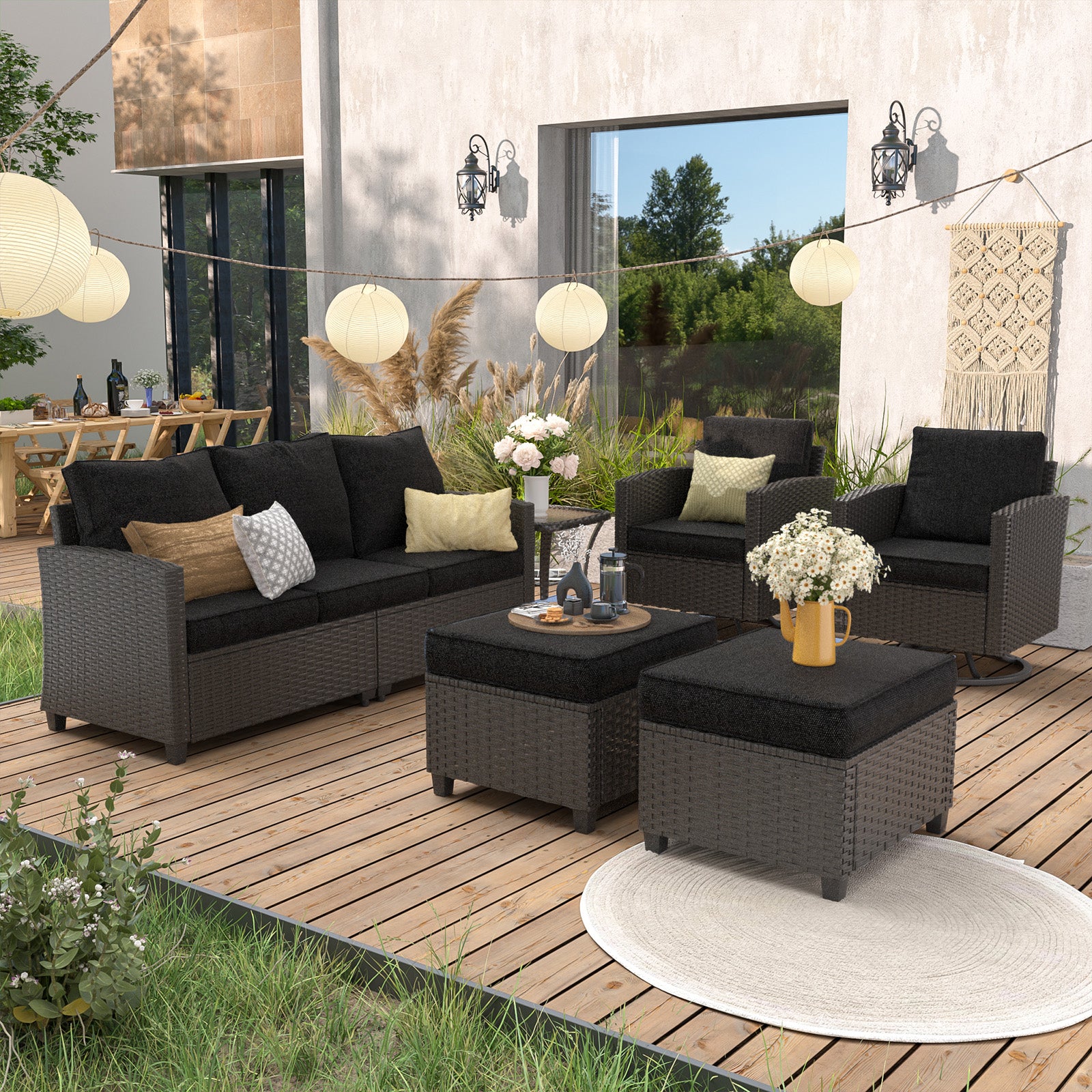 UDPATIO Patio Furniture Set, 6 Pieces Outdoor Sectional Couch with Swivel Rocking Chair, Gray Wicker Rattan Sofa with Side Table, 4" Thick Cushion for Garden Backyard Deck,Black